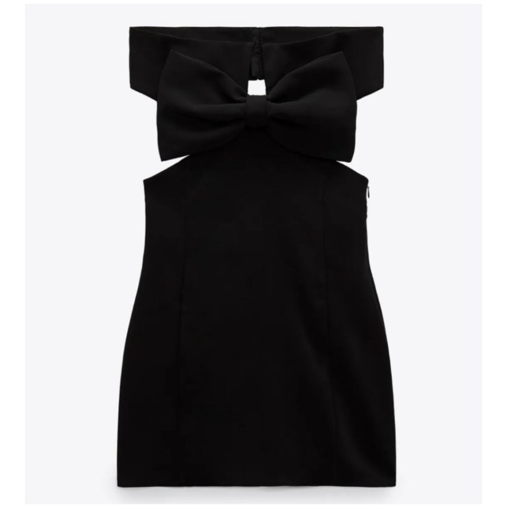 NWT ZARA Black Mini Dress Size L Front Bow Strapless Black